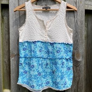 Blue Boho Floral and eyelet tank button Ruffle Sleeveless blouse embroid…
